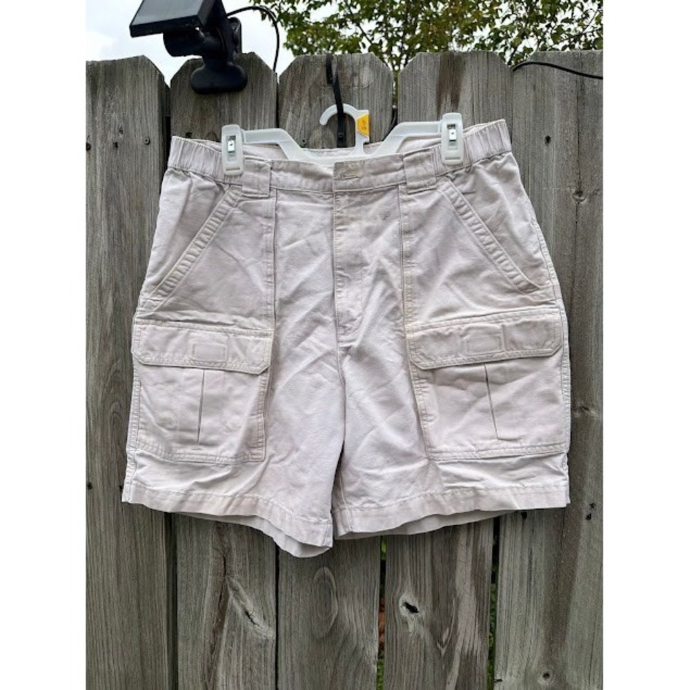 Gorpcore Utilitarian Cargo Shorts 34 Stone Beige Cotton Canvas Elastic Waist